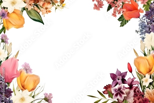 Colourful wildflowers forming a frame on a white background with copy space 