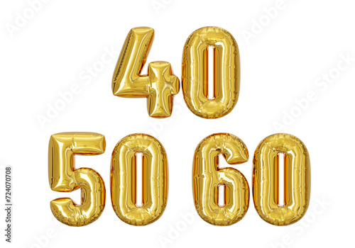 40, 50 and 60 golden 3d inflated text effect on transparent background. 3d illustration