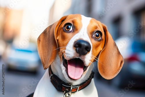 A Beagle puppy with opened mouth and surprised eyes