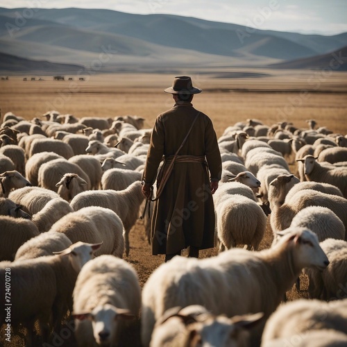 A contemplative man in a vintage hat and coat standing gracefully amidst a picturesque field with grazing sheep
