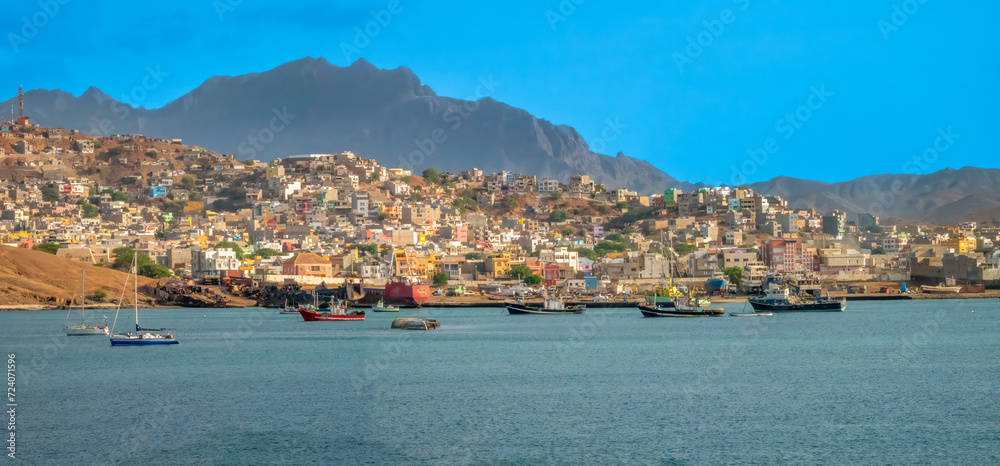 Panoramic view of the sea front of the city of Mindelo, São Vivente Island, Cape Verde Islands (Cabo Verde)