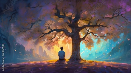 A Surreal Portrayal of a Lonely Man Under the Shelter of a Colossal Oak Tree, Blending the Line Between Reality and Imagination. Solitude Shelter. Peaceful Isolation. Tree of Life