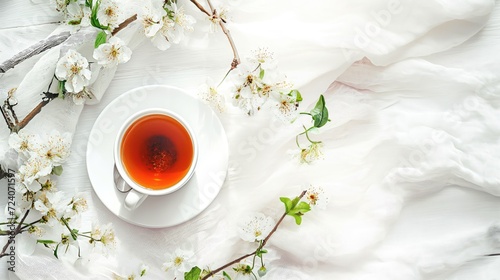 Cup of tea on white background with flowers around