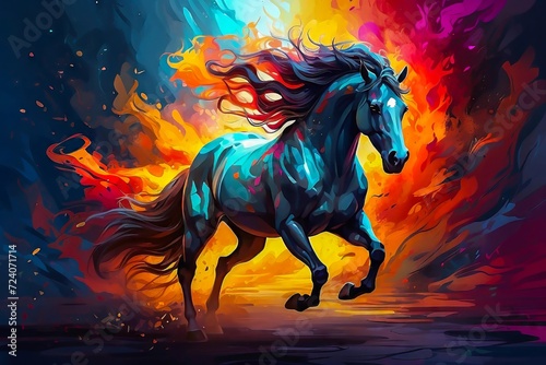 majestic Colorful Horse with a Fiery Mane and Hooves in Full Gallop. Fire Stallion. Horse Power  Beauty  and Strength. Running Horse. Galloping Stallion. Abstract Dreamy Stallion.