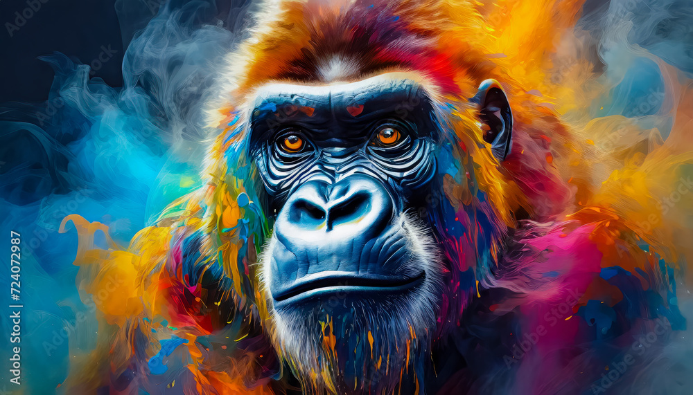 Visage d'un gorille avec des éclaboussures de peinture colorée