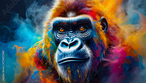 Visage d un gorille avec des   claboussures de peinture color  e