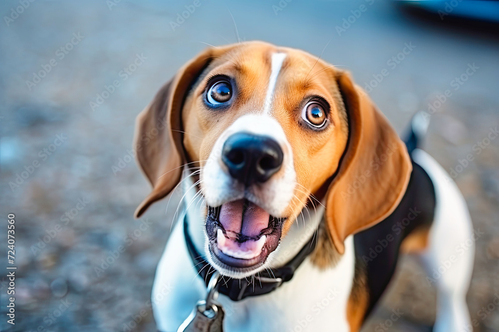 A Beagle puppy with opened mouth and surprised eyes