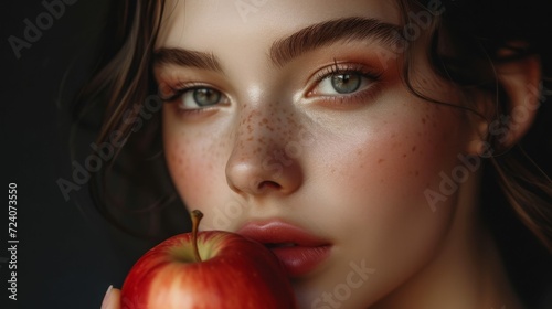 female model holding apple in hand posing on studio background
