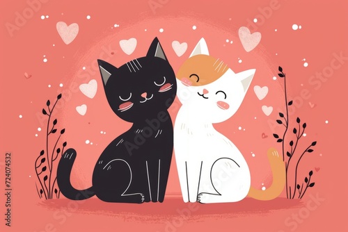 Cute cats in love surrounded by hearts on pink background Generative AI