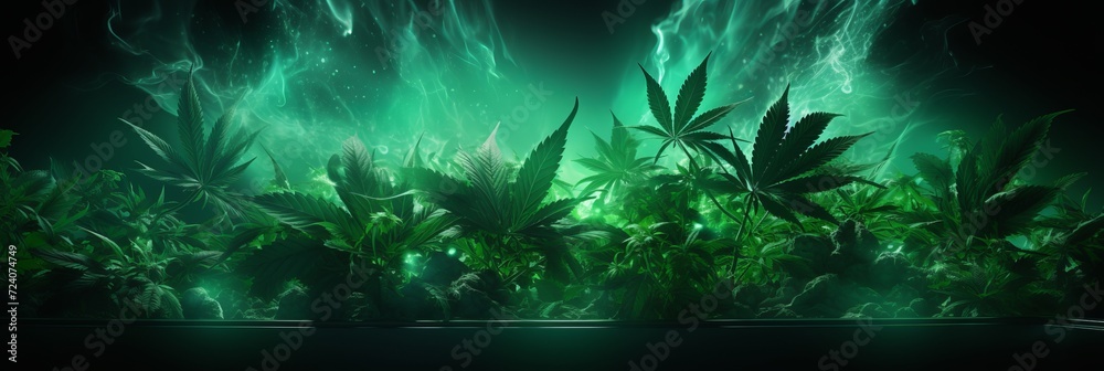 Green marijuana leaves pattern background with ample copy space for promotional banner design - obrazy, fototapety, plakaty 