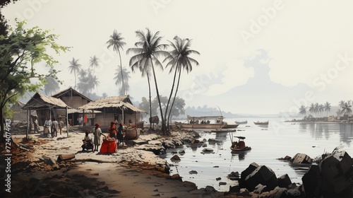 Coastal Village Scene with Palm Trees  