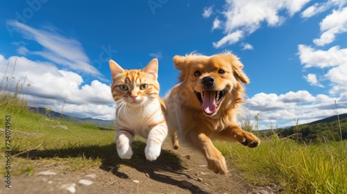 A happy dog and a cat are running along a path against a background of blue sky and green grass. Pets run around in nature.