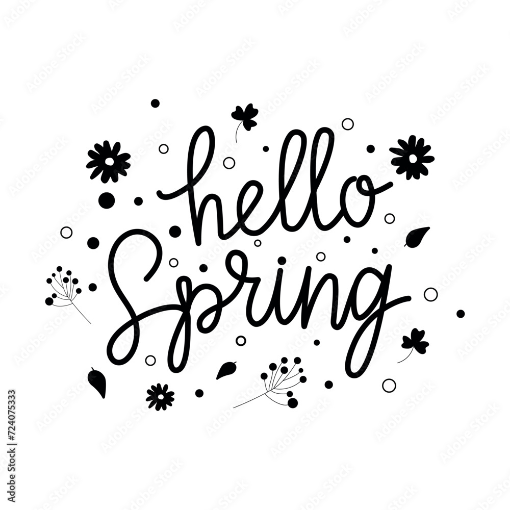 Hello Spring hand sketched logotype, black and white typography icon. Lettering spring season with leaves and flowers for greeting card, invitation template. Retro, vintage lettering template