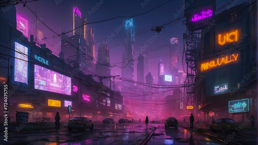 A Dystopian Cityscape Dominated by Towering Holographic Billboards, Portraying a Society Heavily Reliant on Technology.