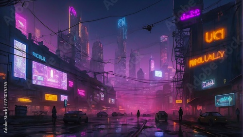A Dystopian Cityscape Dominated by Towering Holographic Billboards, Portraying a Society Heavily Reliant on Technology. photo