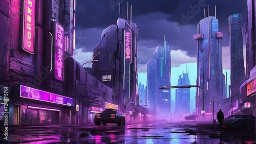 A Dystopian Cityscape Dominated by Towering Holographic Billboards, Portraying a Society Heavily Reliant on Technology.