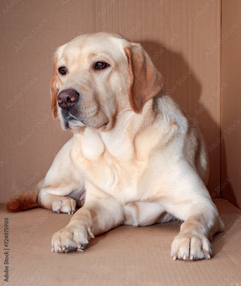 Blonde Labrador Retriever is lying in a box