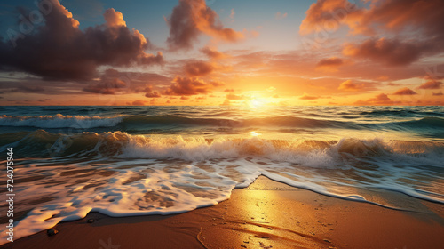 Beautiful beach sunset scene of ocean waves crashing on the beach, tropical red sunset with clouds