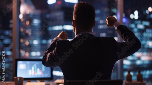 Back view of young businessman with arms raised in office at night.AI.