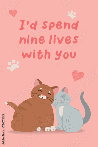 Vector illustration character design couple love of cats. Illustration for Valentine day, wedding. Doodle cartoon style. Funny lettering about love. Illustration for poster, card, invitation, banner. © Ekaterina