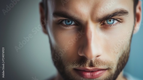 Close-up portrait of a young man with blue eyes. Men's beauty, fashion.AI.