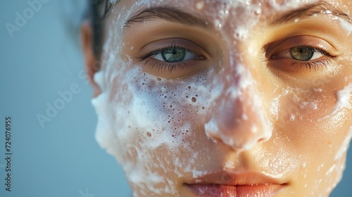 Close-up portrait of young woman with soap foam on her face. AI.