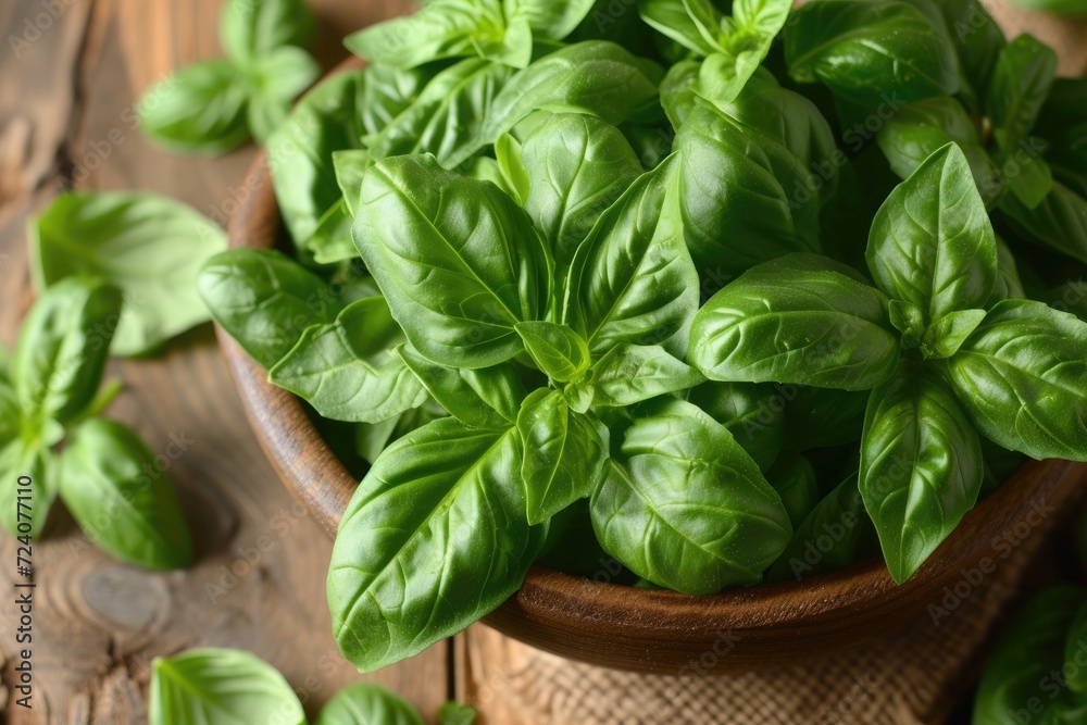 basil in a bowl on a kitchen table close up basil in a bowl on a kitchen table close up