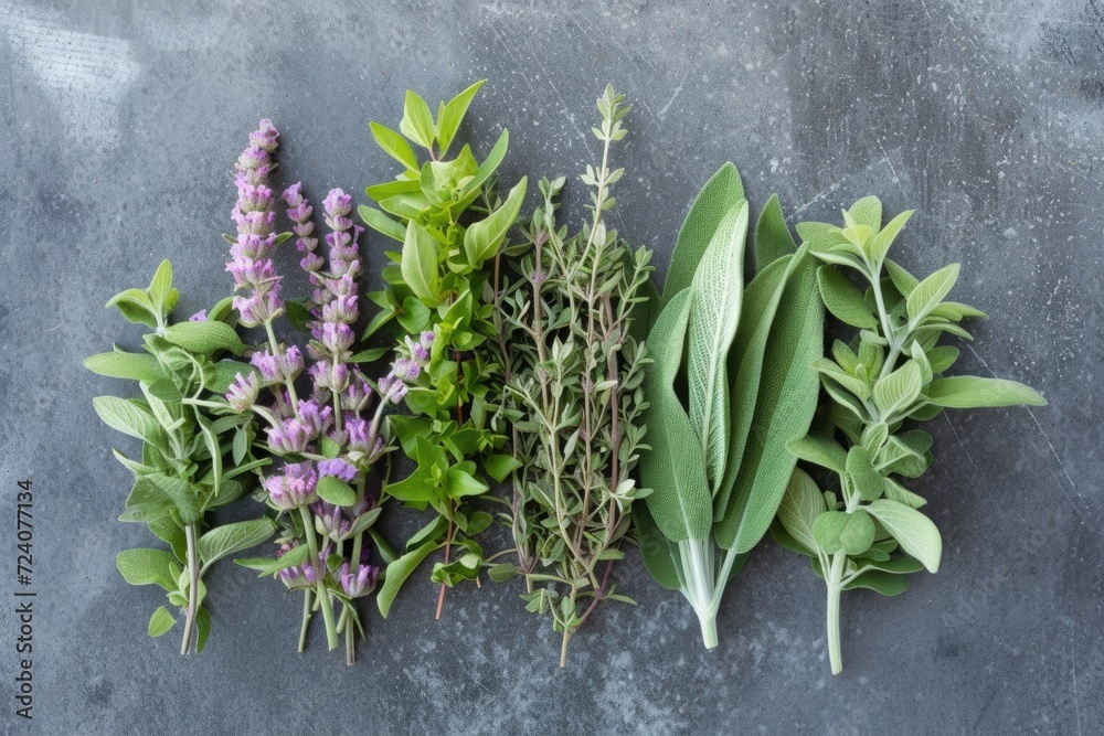 herbes de provence, mixed herbs on a grey table