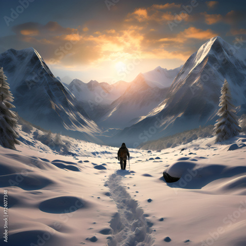 A snowy mountain range with a solitary figure trekking through the deep snow, Ai generated