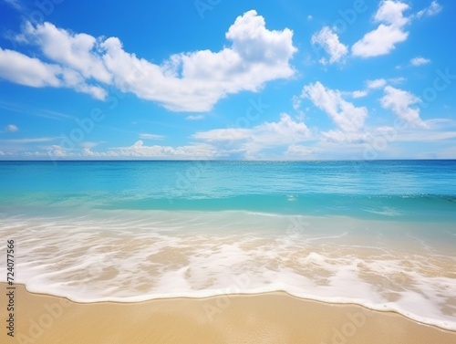 A sun-kissed beach with golden sand, azure waters, and a clear sky, inviting a peaceful day by the sea.
