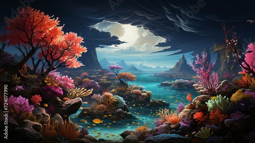 Tropical sea underwater panoramic view with colorful fish and coral reefs, underwater world reef background