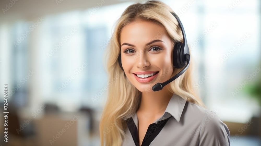 Pretty woman works in a customer center with headset, headphone and microphone Pretty woman works in a customer center with headset, headphone and microphone