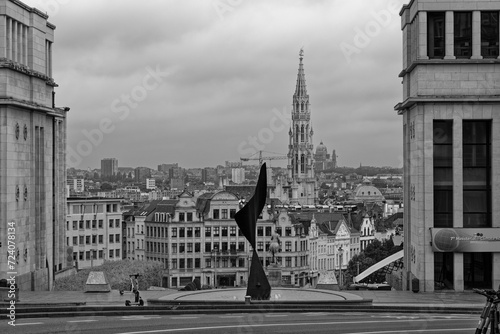 Brussels Belgium - 05 08 2023: Medieval city in Europe. Art and culture. Tourists from all over the world. The centre of the city capital of the European Union the Parliament Leuven Martelarenplein  photo