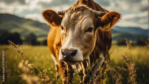 Closeup of Cow Grazing in a Natural Environment. Domestic Cow. Cow in the Meadow. Livestock Farming. Animal Husbandry. Farming Cattle.