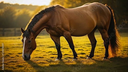 Stallion Grazing in a Natural Environment. A Horse Grazing in the Early Dawn. Horse on a Meadow. Horse in Pasture. Farm Life.