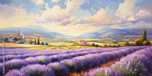 A sunlit field of lavender in Provence, with rows of purple blooms stretching towards the horizon.