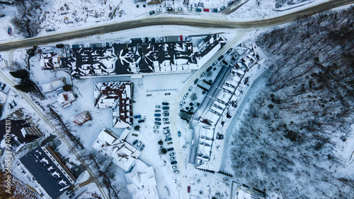 Winter aerial view of the Ski Resort Kopaonik. A complex of hotels on the at an altitude of 1080 m from sea level. Aerial view of the popular mountain town Brzece, Serbia, resort for all season photo