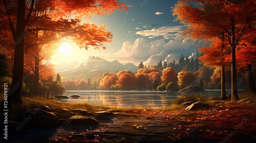Autumn season natural scenery of a river and mountain with a colorful forest abstract background, autumn tree leaf drop fall colors background image, 4K wallpaper