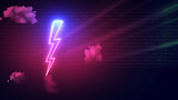 modern lightning bolt or thunder icon with pink neon effect and empty space for copy or message, dark wall  backdrop with clouds