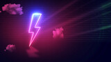 modern lightning bolt or thunder icon with pink neon effect and empty space for copy, message, dark wall  backdrop with clouds