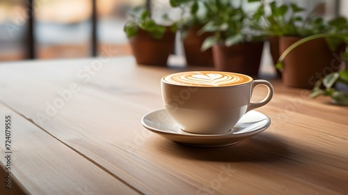 Beige Coffee Cup on a wooden Table. Blurred Interior Background