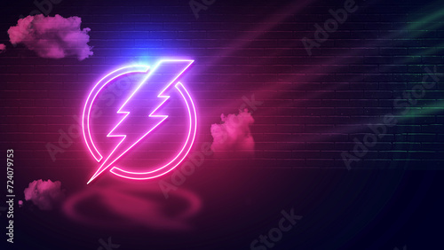 modern lightning bolt or thunder inside circle icon with pink neon effect and empty space for copy, dark wall backdrop with clouds