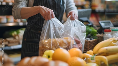 Grocery store cashier packing food into a reusable bag photo
