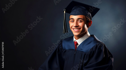 Boy wearing graduation dress and cap standing in front of isolated background - ai generative photo