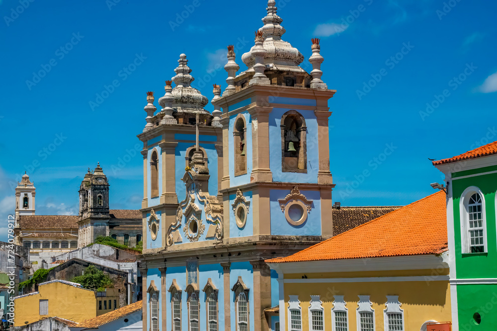 Magnificent historical buildings surrounding the infamous Pellorio square, where African slaves were traded  in Brazil until the late XIX c., Salvador, Bahia, Brazil