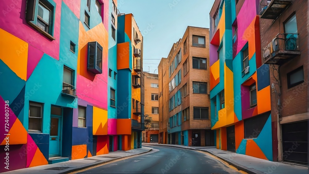Obraz premium Real-World Colorful Shapes Set Against an Urban Backdrop. Colored Buildings and Facades of a Big City.