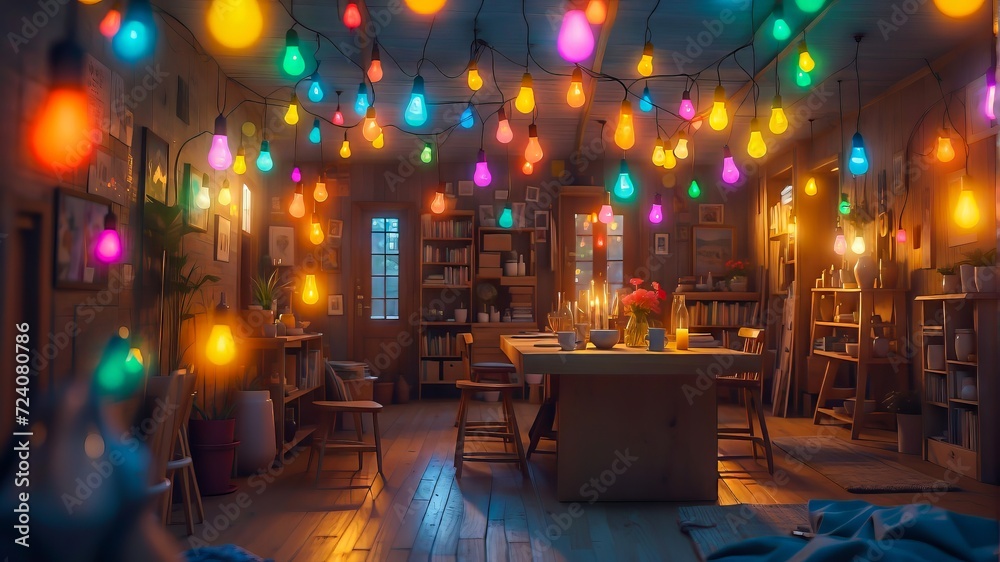 Surreal composition Featuring a Beautiful Rustic Room in Colorful Lighting Surroundings with Whimsical Light Bulbs. Colorful Light Bulbs.