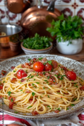 Spaghetti with cherry tomatoes and bacon