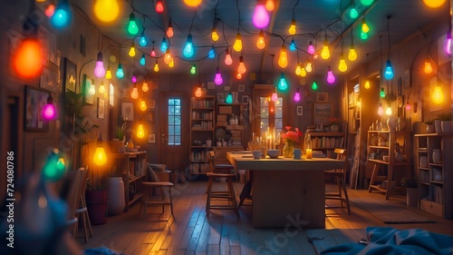 Surreal composition Featuring a Beautiful Rustic Room in Colorful Lighting Surroundings with Whimsical Light Bulbs. Colorful Light Bulbs.