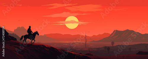 Horse rider in a beautiful arid landscape at sunset, panoramic view, illustration generated by AI